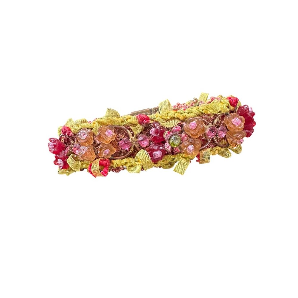 Vintage Beaded Bracelet With Brass Clasp Pink & Green Glass Beads Ribbon Details - Picture 10 of 10